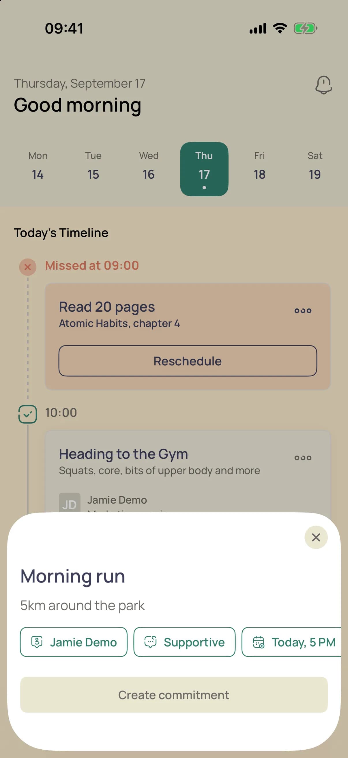 Create commitment screen with schedule and accountability partner options.