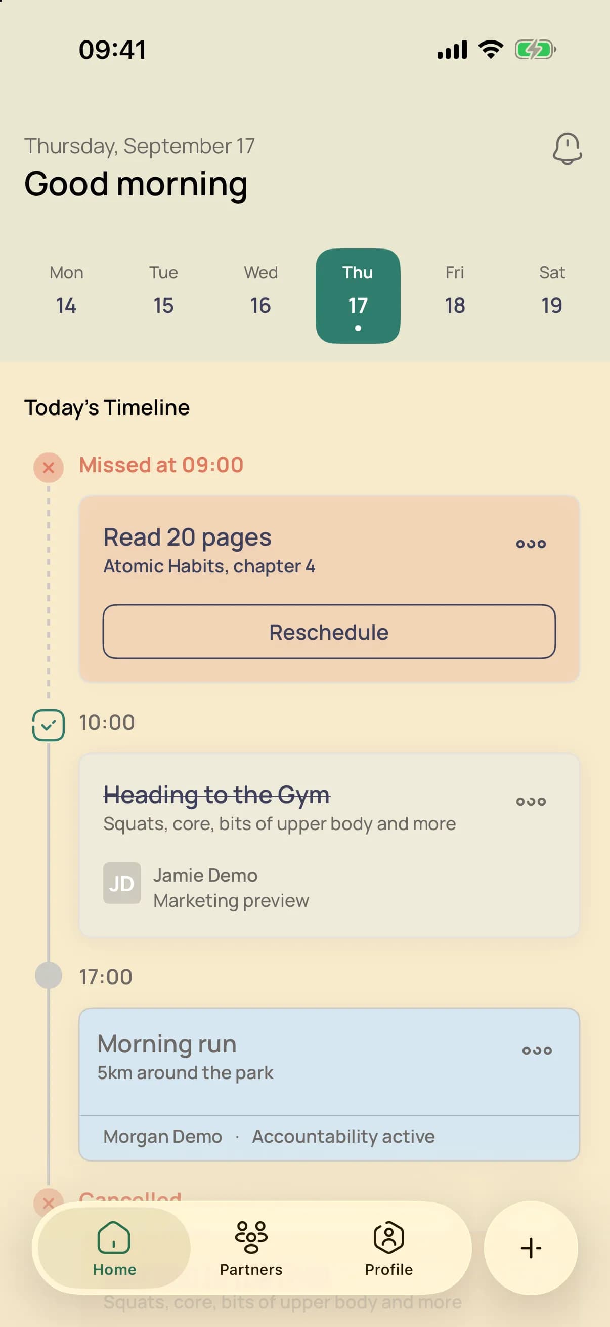 Daily commitment timeline with completed, upcoming, and missed commitments.