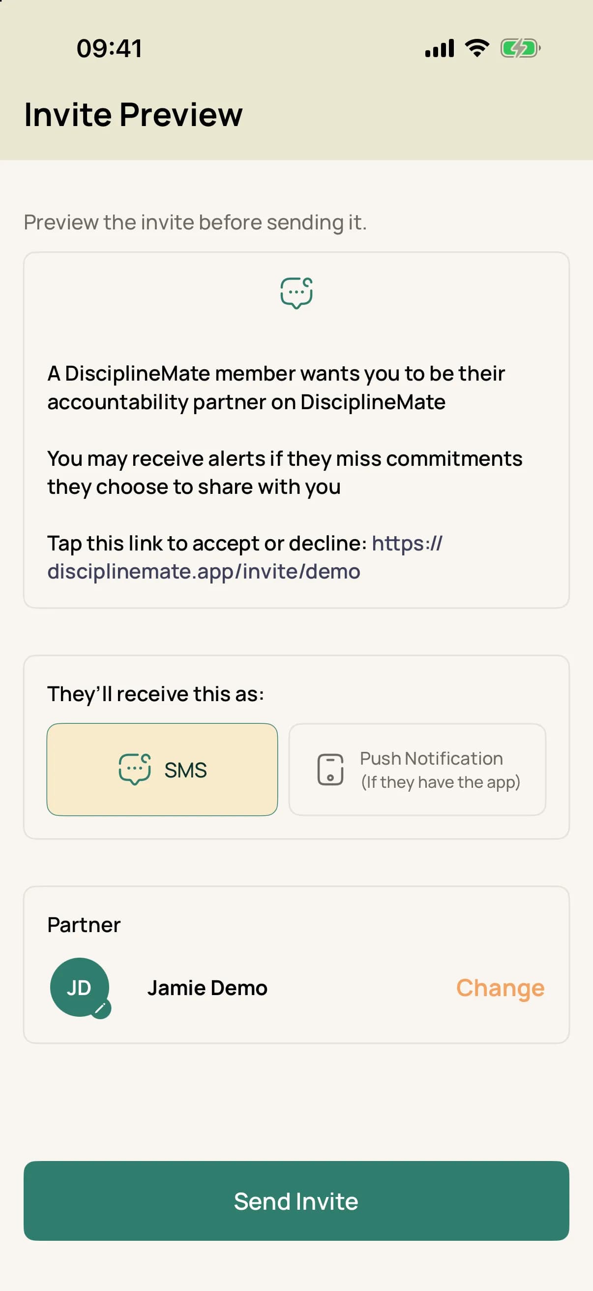 Accountability partner invitation preview with notification details.